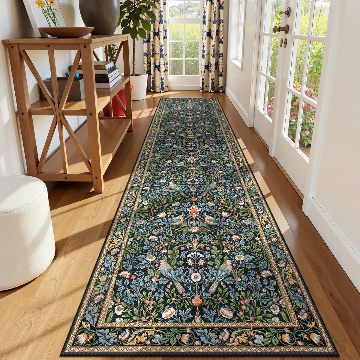 Marcel Washable Vintage Floral Bird Navy Blue Rug Area Rugs Lahome
