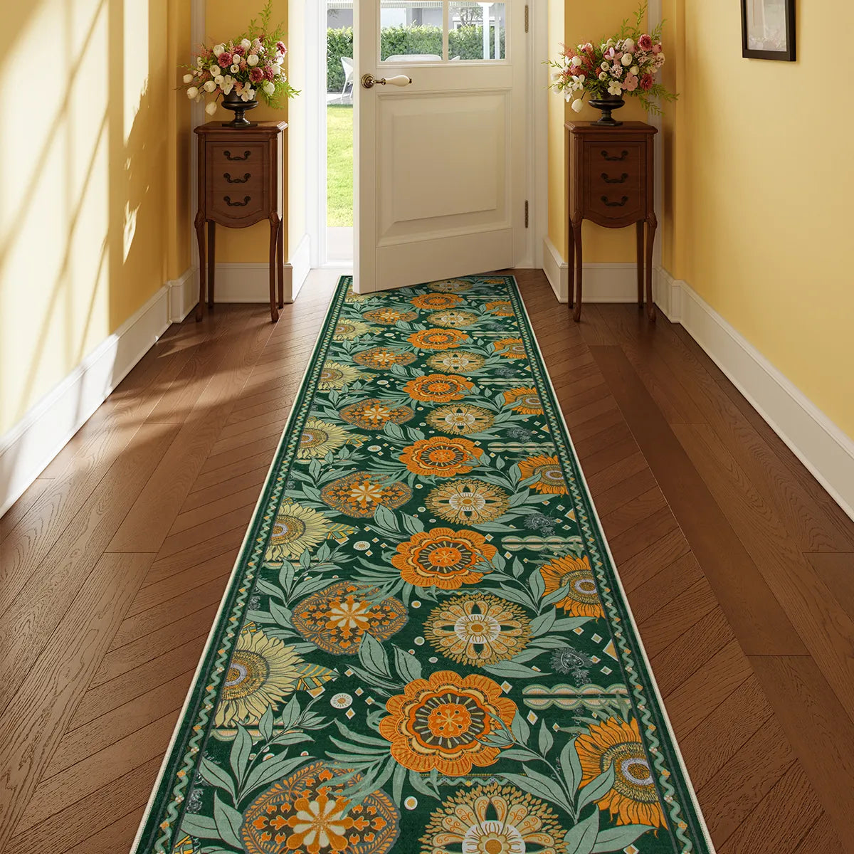 Amelie Washable Vintage Sunflower Floral Green Runner Rug Area Rugs Lahome