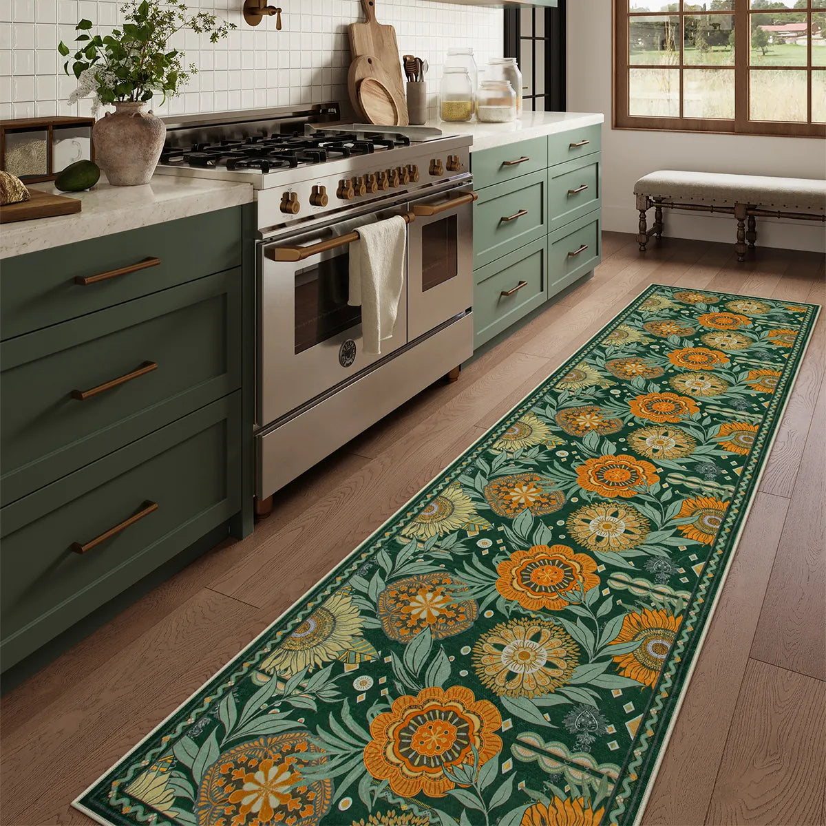 Amelie Washable Vintage Sunflower Floral Green Runner Rug Area Rugs Lahome 2'6" x 10'
