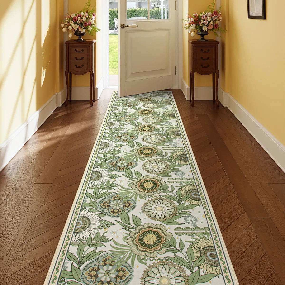 Amelie Washable Vintage Sunflower Floral Green/White Runner Rug Area Rugs Lahome 2'6" x 10'