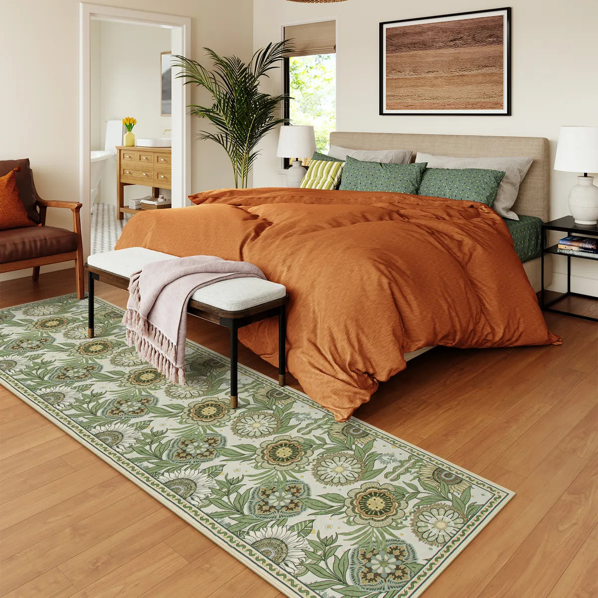 Amelie Washable Vintage Sunflower Floral Green/White Runner Rug Area Rugs Lahome