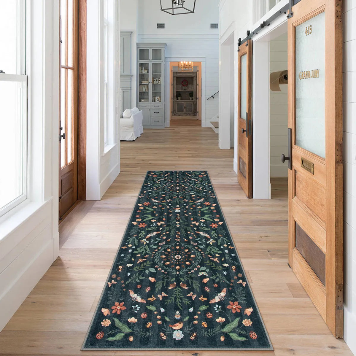 Chloe Washable Boho Insect Botanical Floral Black Runner Rug Area Rugs Lahome