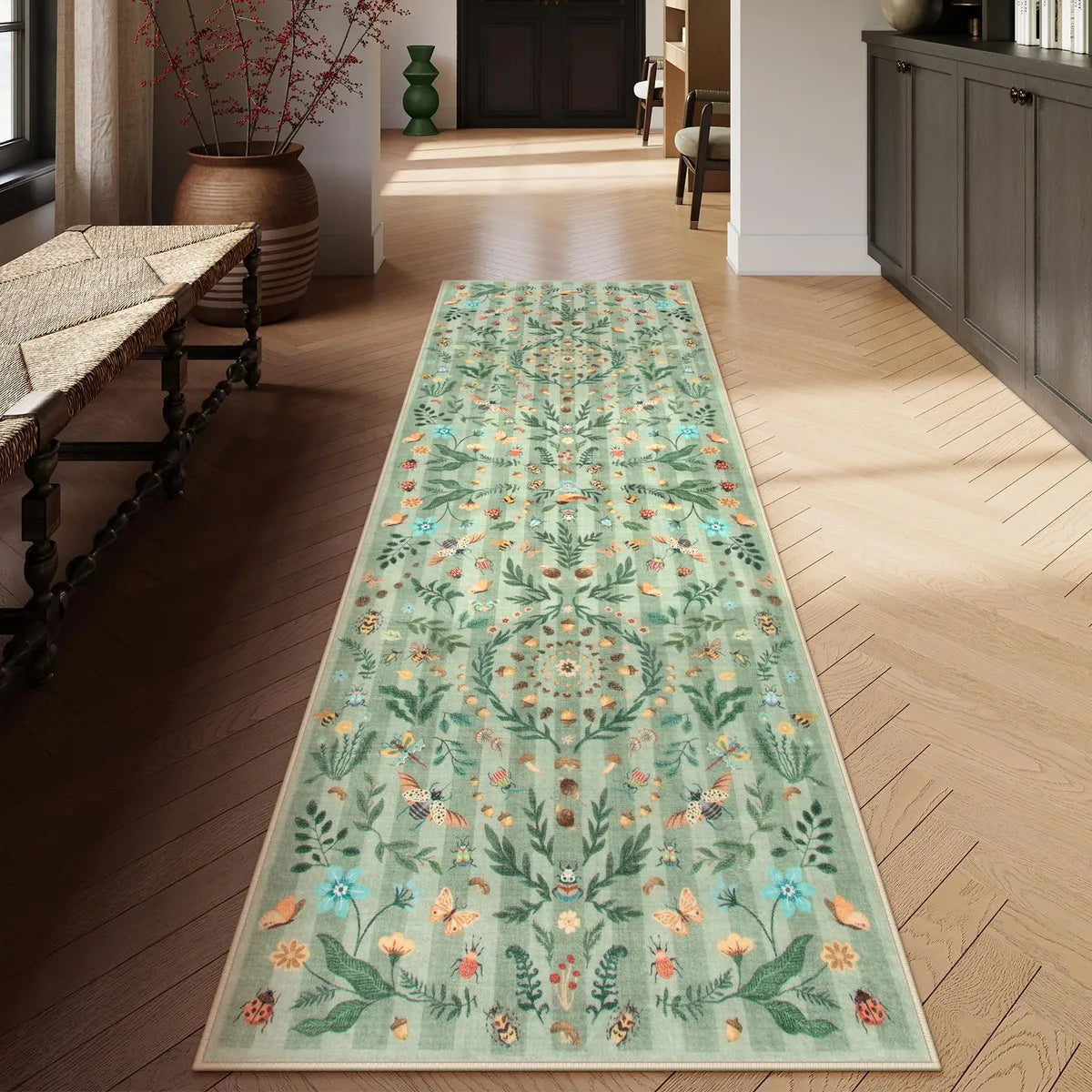 Chloe Washable Boho Insect Botanical Floral Green Runner Rug Area Rugs Lahome