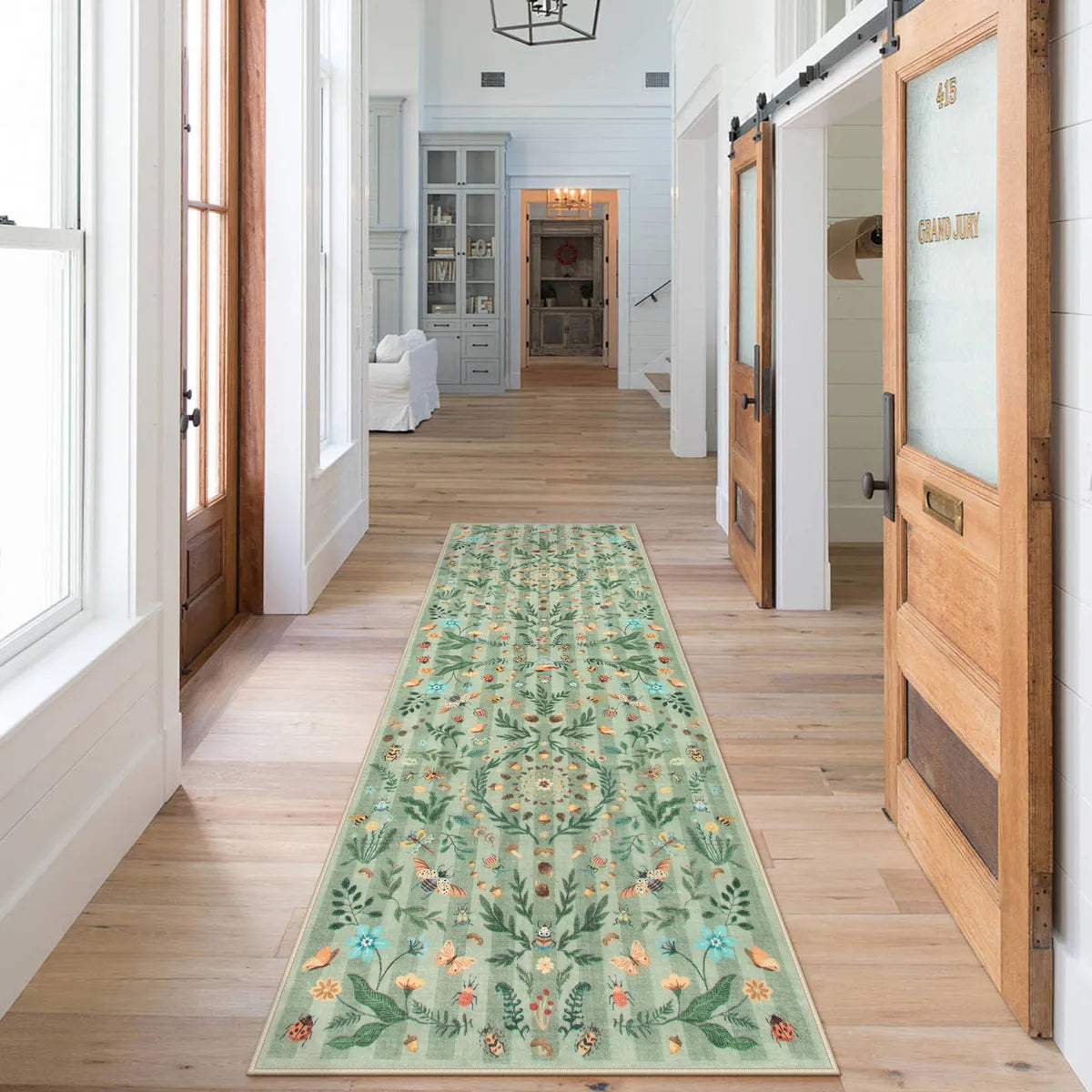 Chloe Washable Boho Insect Botanical Floral Green Runner Rug Area Rugs Lahome