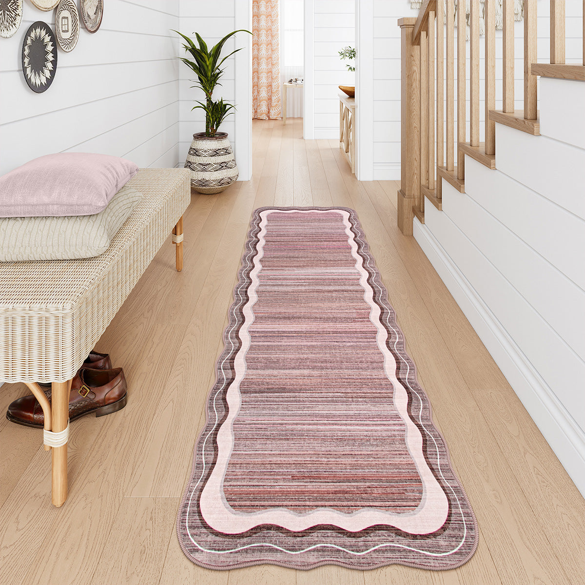 Estelle Washable Modern Abstract Bordered Scalloped Pink Rug Irregular Rugs Lahome 2'6" x 8'