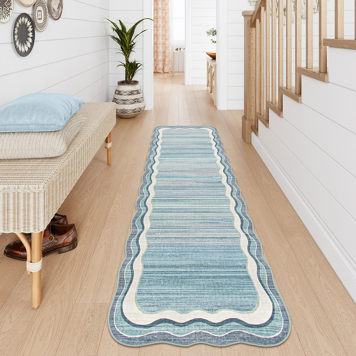 Estelle Washable Modern Abstract Bordered Scalloped Blue Rug Irregular Rugs Lahome