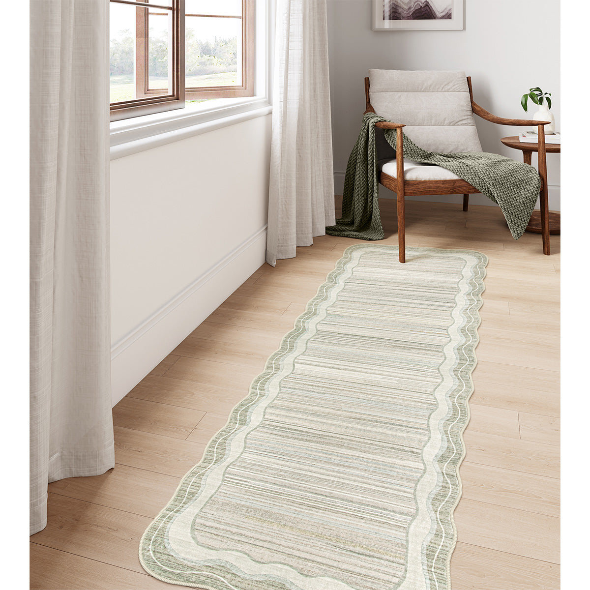 Estelle Washable Modern Abstract Bordered Scalloped Beige Rug Irregular Rugs Lahome 2'6" x 8'