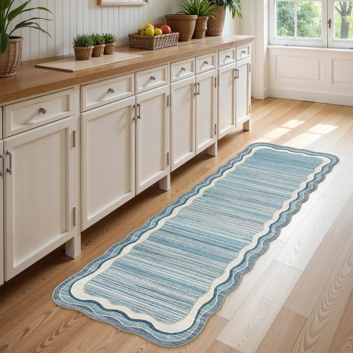 Estelle Washable Modern Abstract Bordered Scalloped Blue Rug Irregular Rugs Lahome