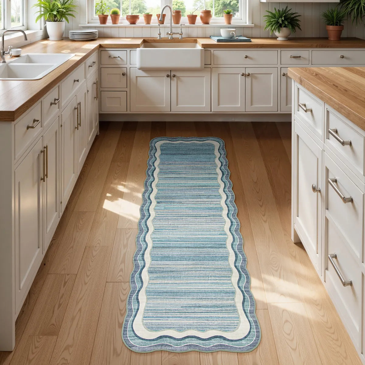 Estelle Washable Modern Abstract Bordered Scalloped Blue Rug Irregular Rugs Lahome