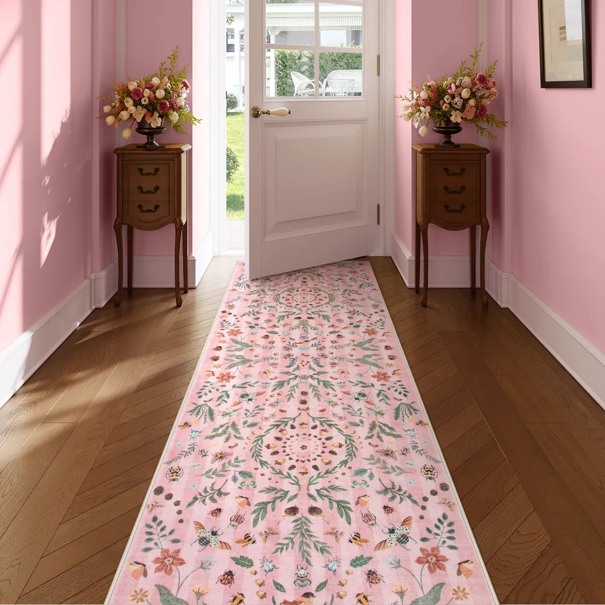 Chloe Washable Boho Insect Botanical Floral Pink Runner Rug Area Rugs Lahome