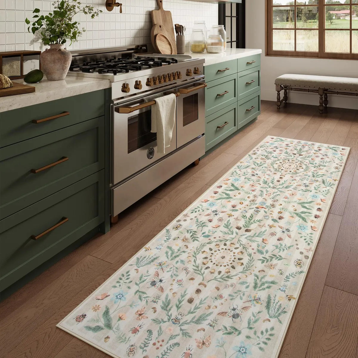 Chloe Washable Boho Insect Botanical Floral Beige Runner Rug Area Rugs Lahome 2'6" x 8'