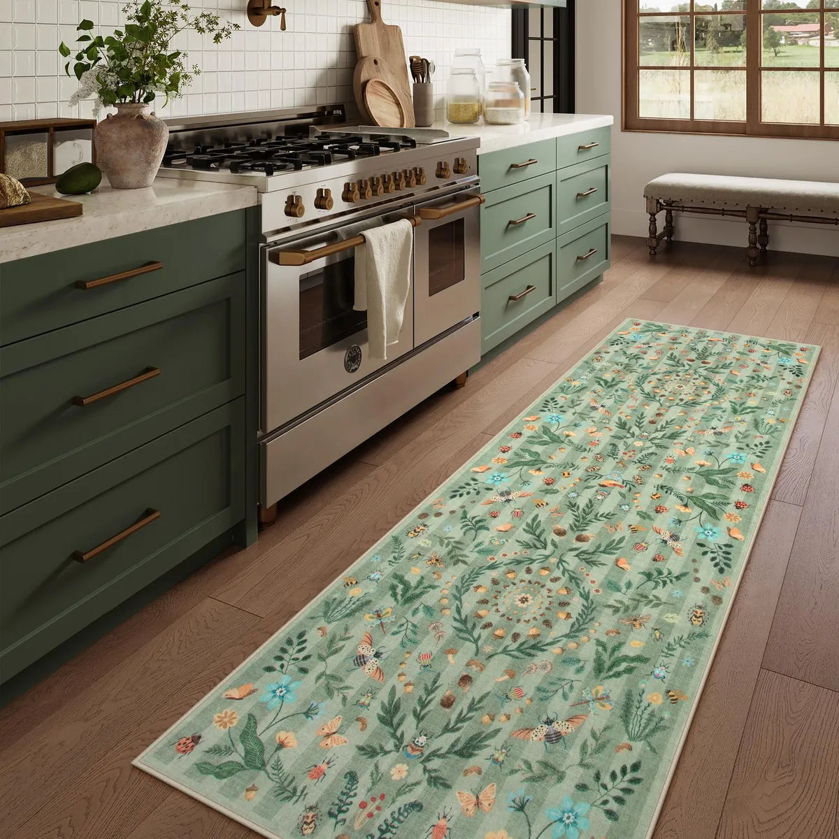 Chloe Washable Boho Insect Botanical Floral Green Runner Rug Area Rugs Lahome 2'6" x 8'