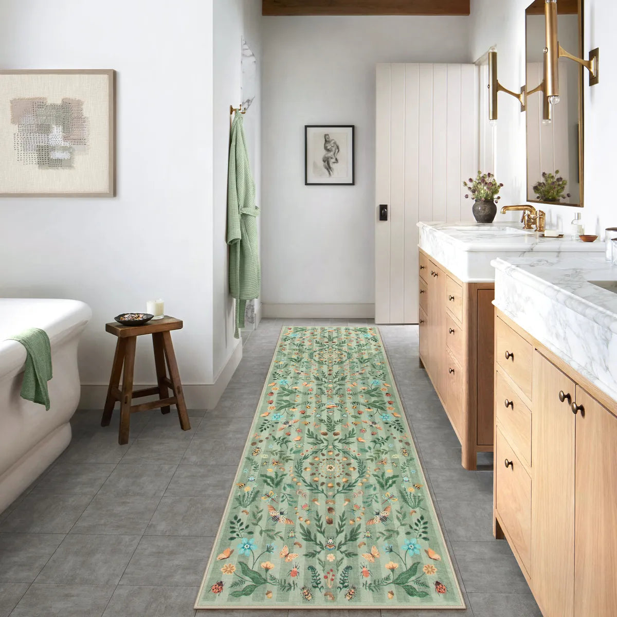 Chloe Washable Boho Insect Botanical Floral Green Runner Rug Area Rugs Lahome