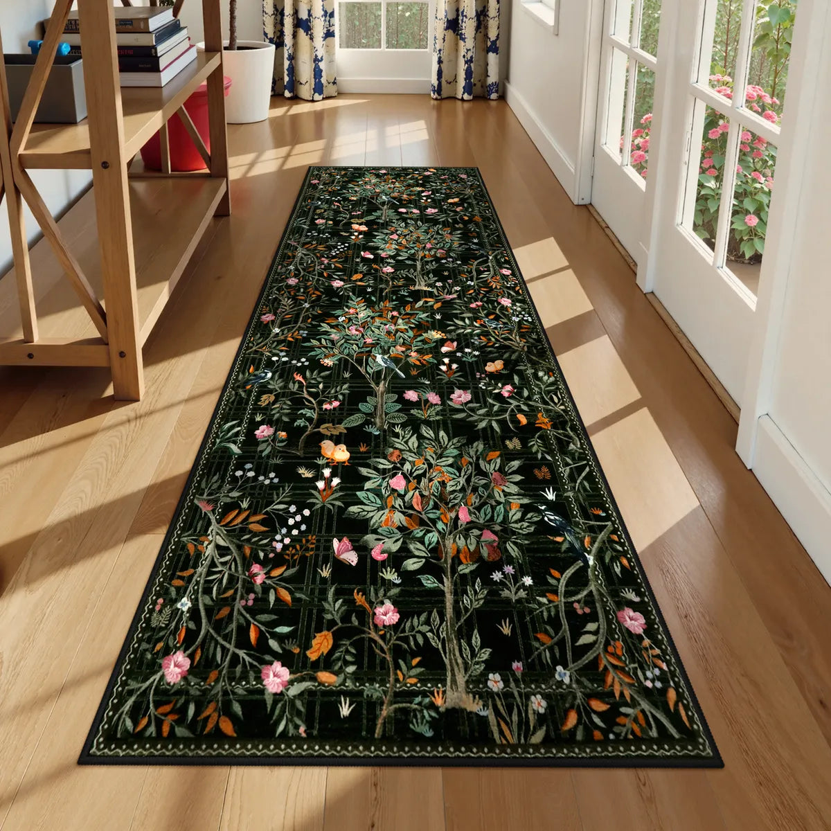 Elowen Washable Boho Forest Botanical Black Runner Rug Rugs Lahome 2.5' x 8'