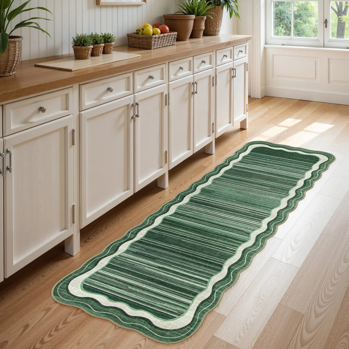 Estelle Washable Modern Abstract Bordered Scalloped Green Rug Irregular Rugs Lahome
