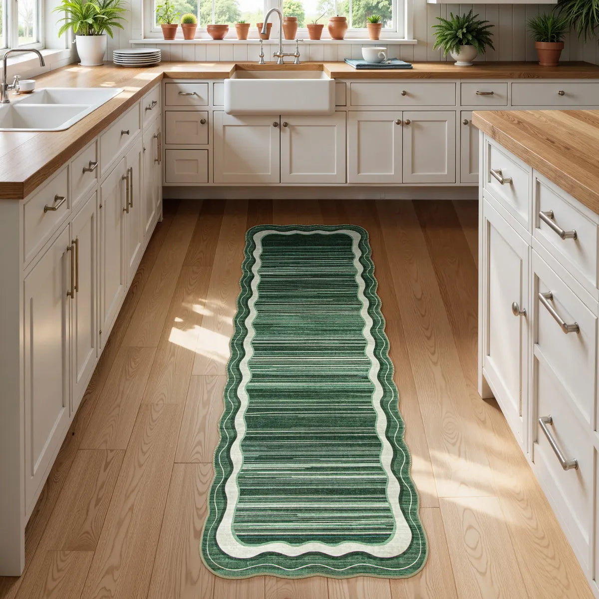 Estelle Washable Modern Abstract Bordered Scalloped Green Rug Irregular Rugs Lahome 2'6" x 8'