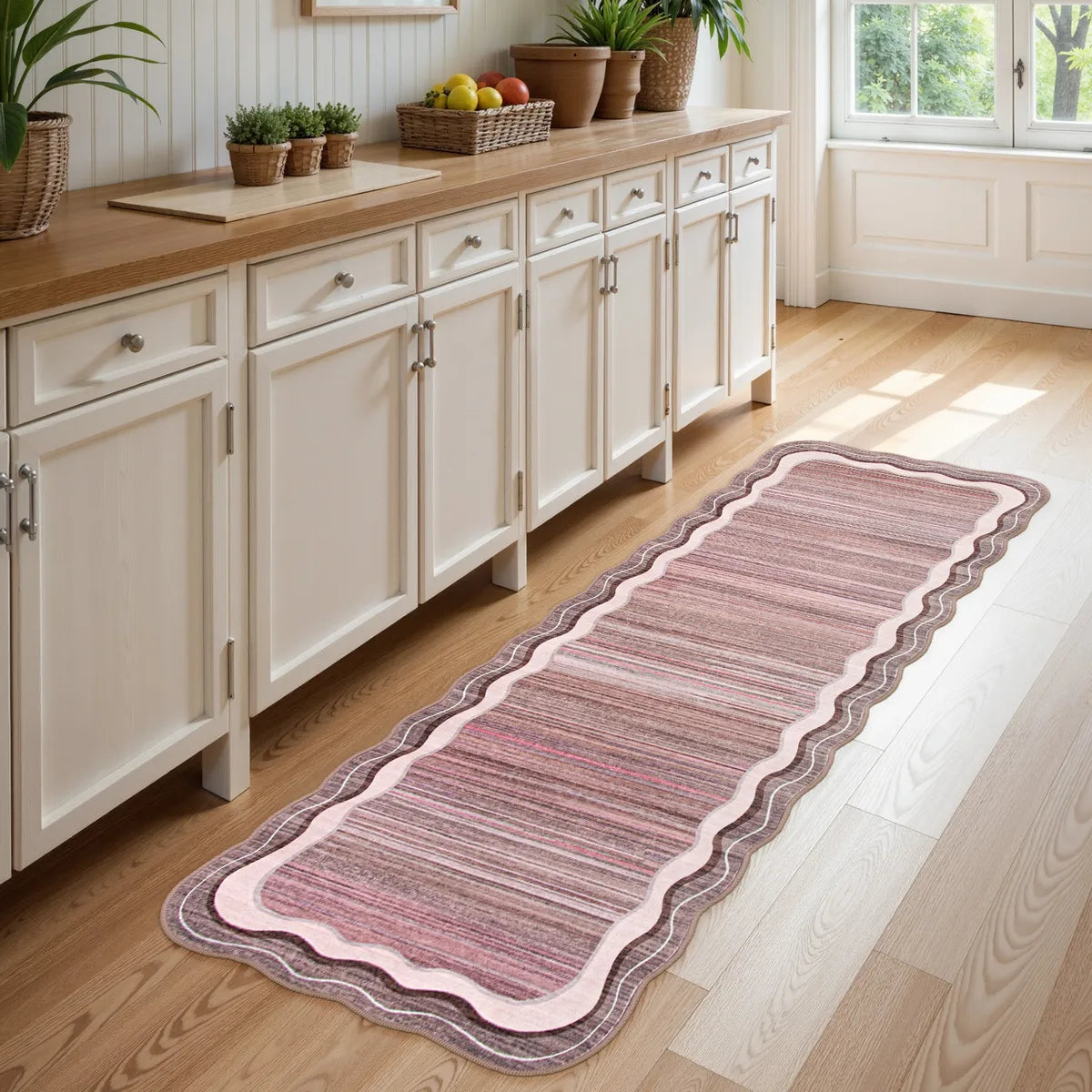 Estelle Washable Modern Abstract Bordered Scalloped Pink Rug Irregular Rugs Lahome