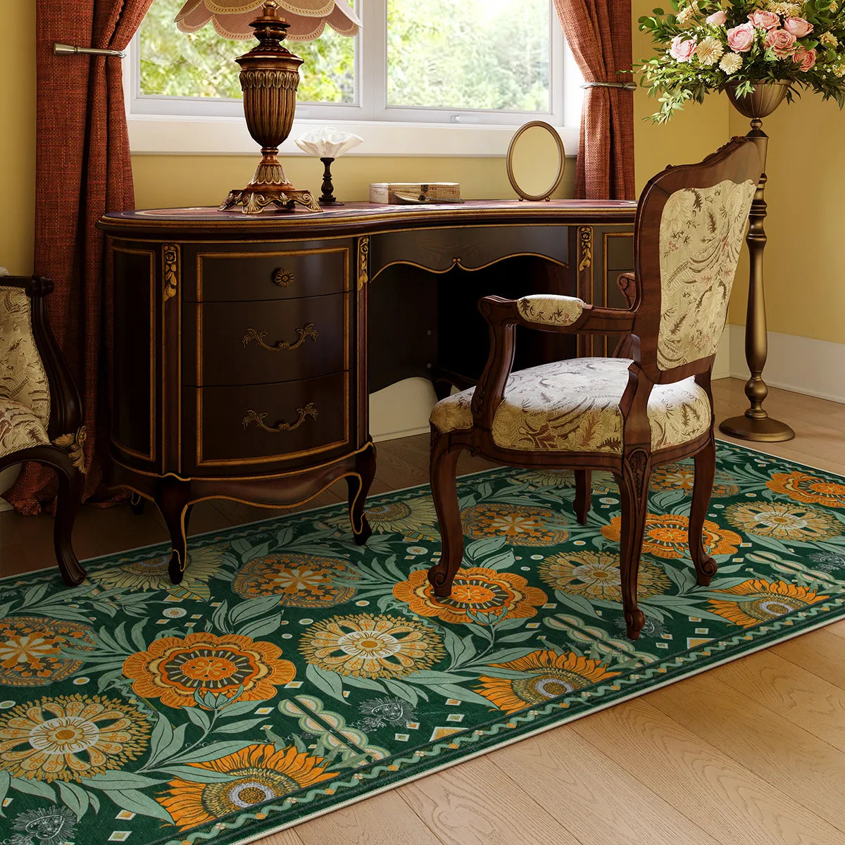 Amelie Washable Vintage Sunflower Floral Green Runner Rug Area Rugs Lahome