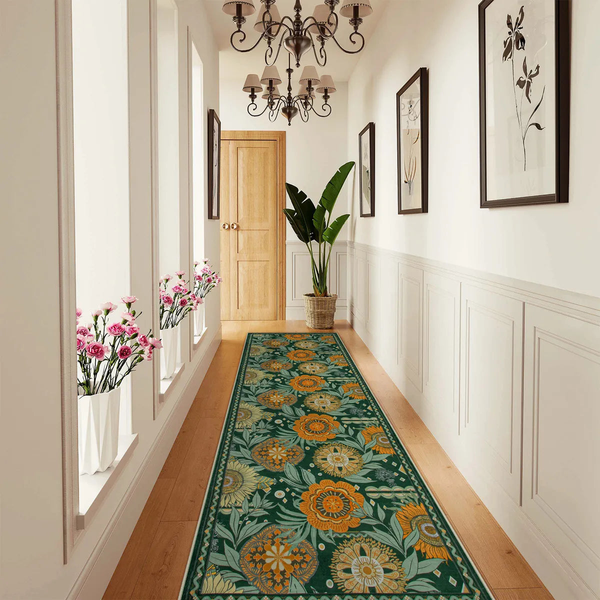 Amelie Washable Vintage Sunflower Floral Green Runner Rug Area Rugs Lahome