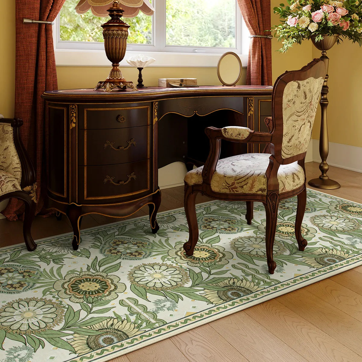 Amelie Washable Vintage Sunflower Floral Green/White Runner Rug Area Rugs Lahome