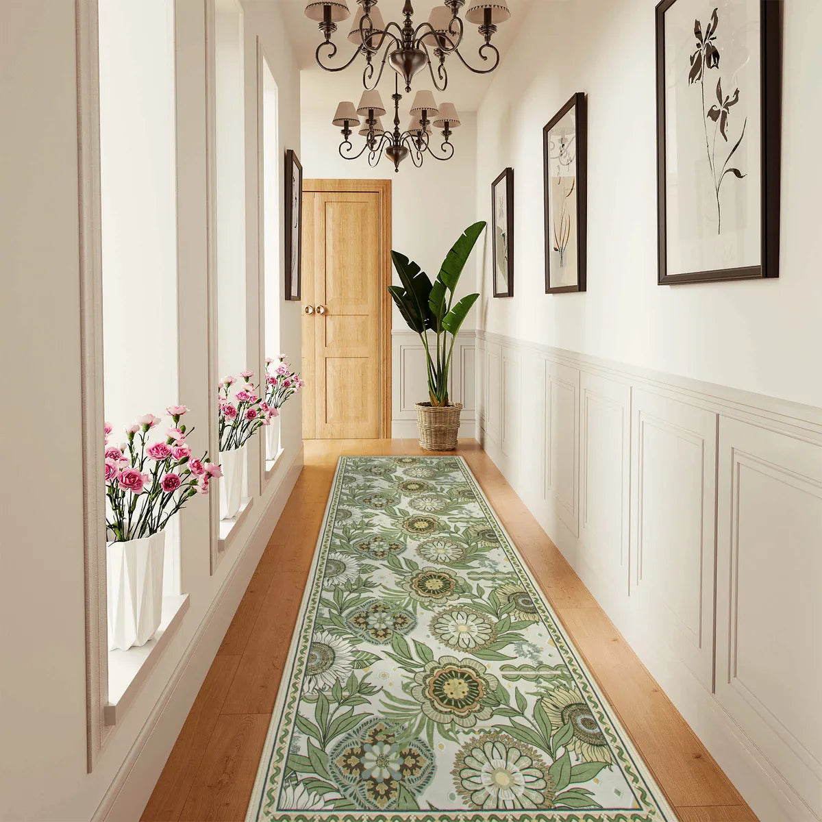 Amelie Washable Vintage Sunflower Floral Green/White Runner Rug Area Rugs Lahome