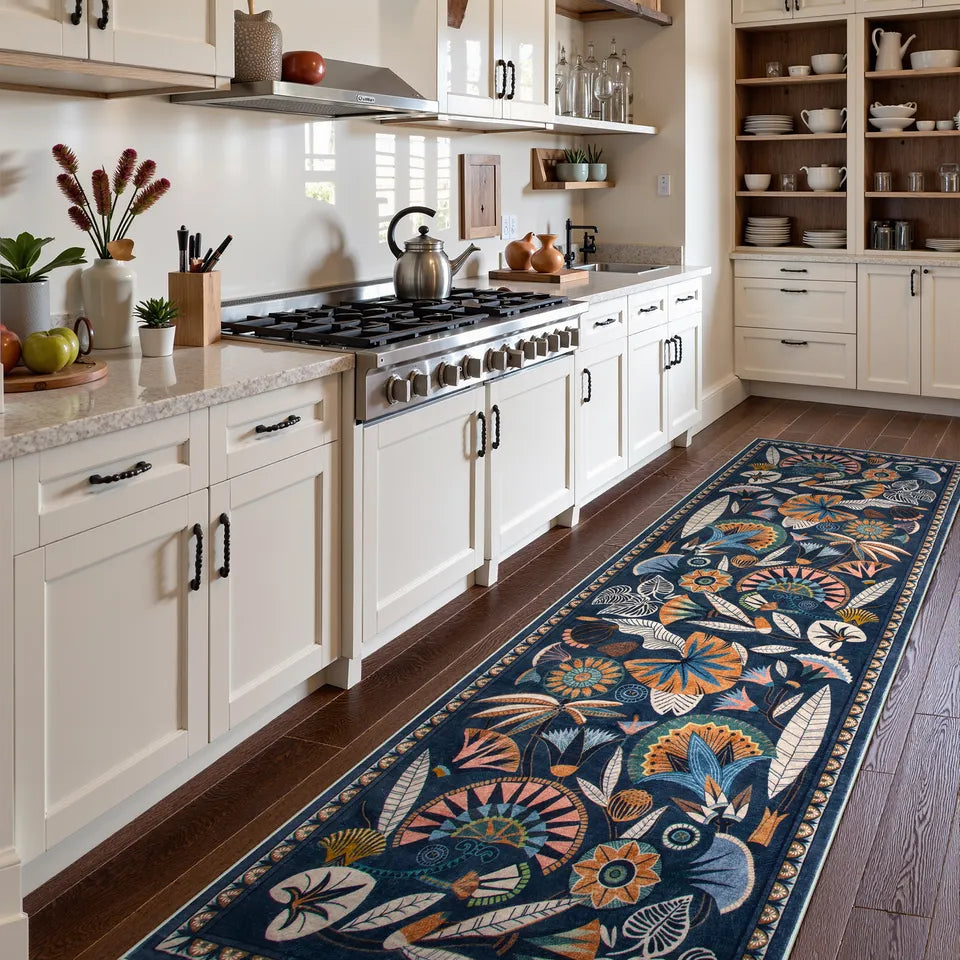 Zaya Washable Egyptian-Inspired Botanical Navy Blue Rug Rugs Lahome