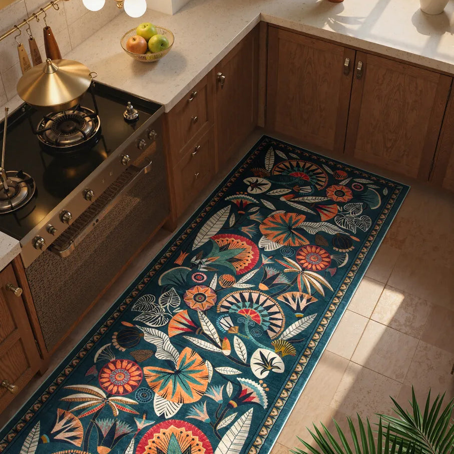 Zaya Washable Egyptian-Inspired Botanical Teal Blue Rug Rugs Lahome