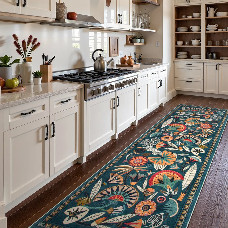 Zaya Washable Egyptian-Inspired Botanical Teal Blue Rug Rugs Lahome