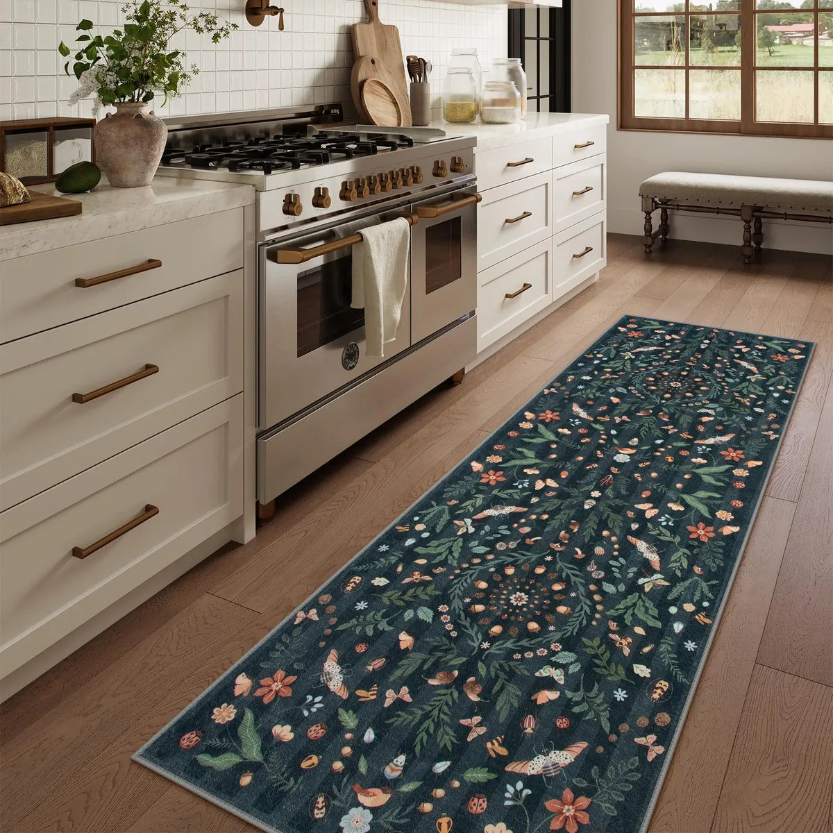 Chloe Washable Boho Insect Botanical Floral Black Runner Rug Area Rugs Lahome