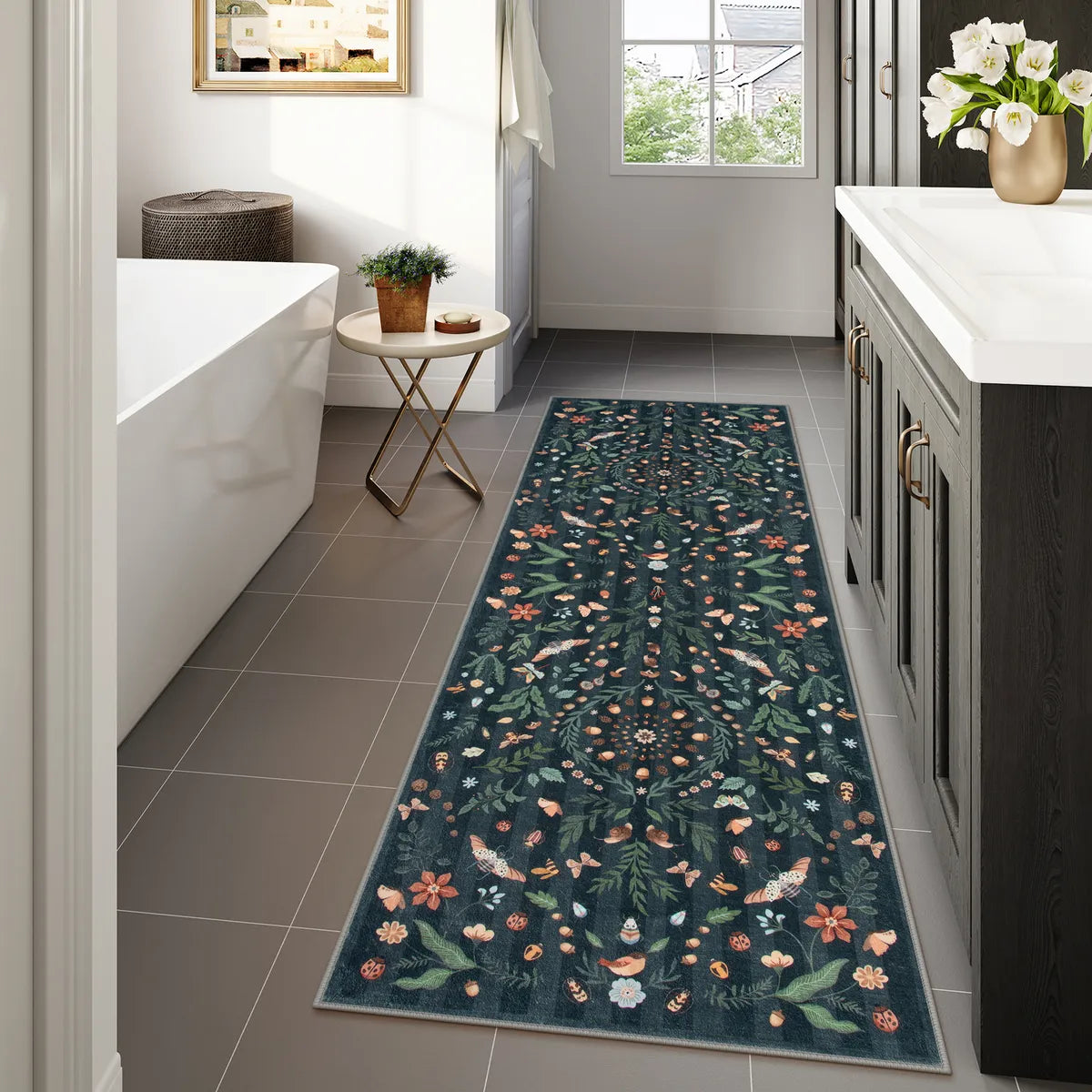 Chloe Washable Boho Insect Botanical Floral Black Runner Rug Area Rugs Lahome