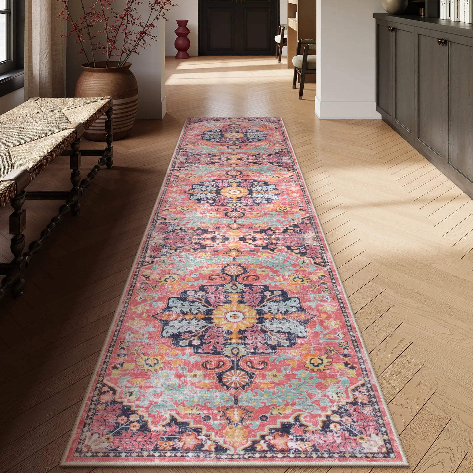Reine Washable Bohemian Floral Medallion Red Rug Clearance Rugs Lahome