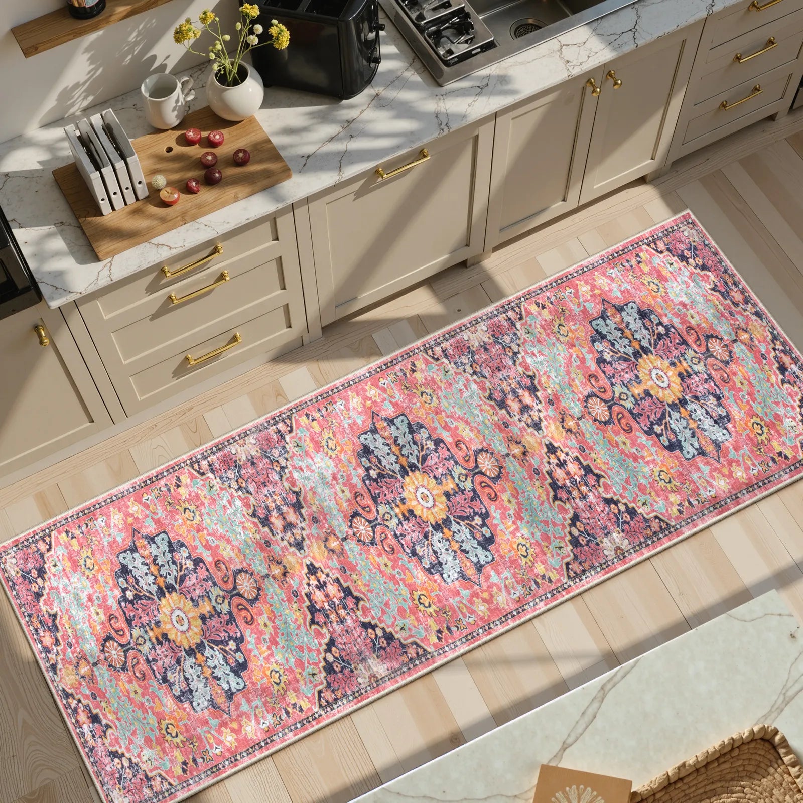 Reine Washable Bohemian Floral Medallion Red Rug Clearance Rugs Lahome