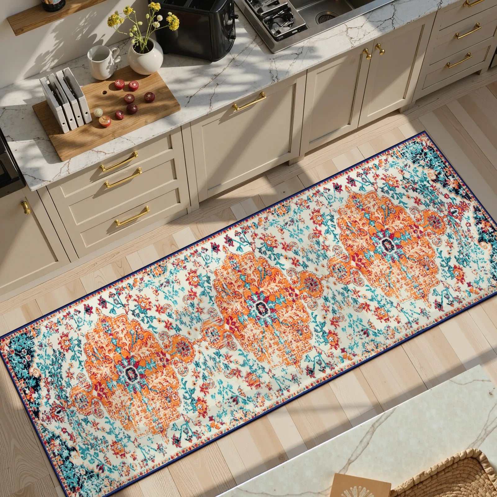 Reine Washable Bohemian Floral Medallion Orange Rug Clearance Rugs Lahome 2' x 6'
