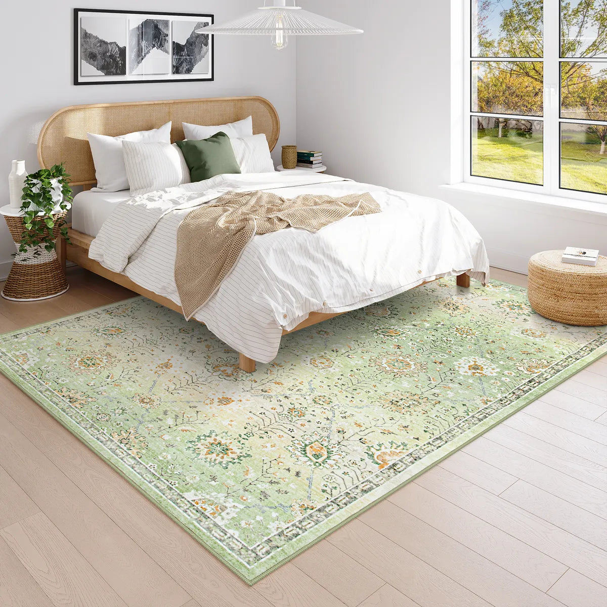 Flavie Washable Boho Modern Parisian Floral Aesthetic Green Rug Area Rugs Lahome
