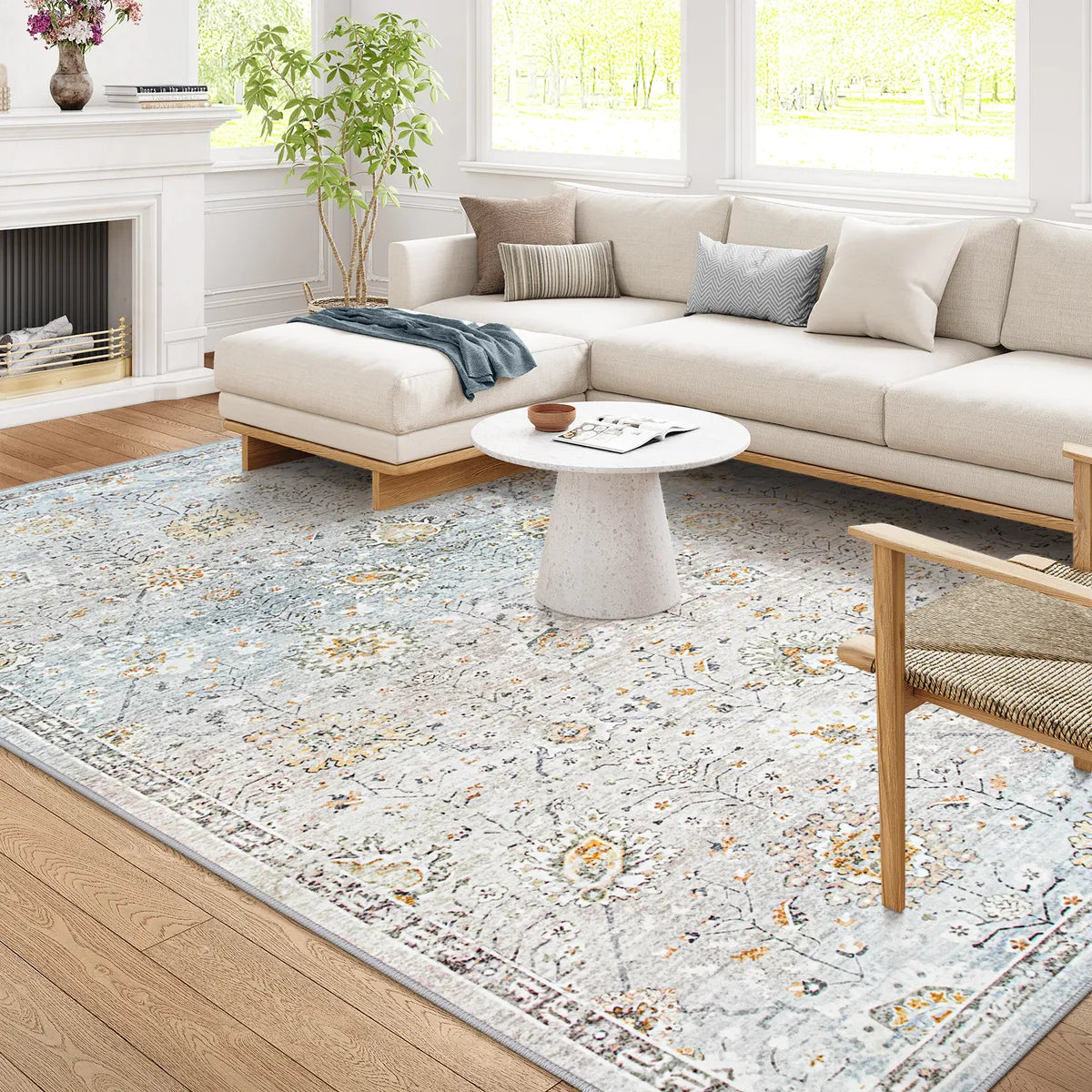 Flavie Washable Boho Modern Parisian Floral Aesthetic Blue/Grey Rug Area Rugs Lahome