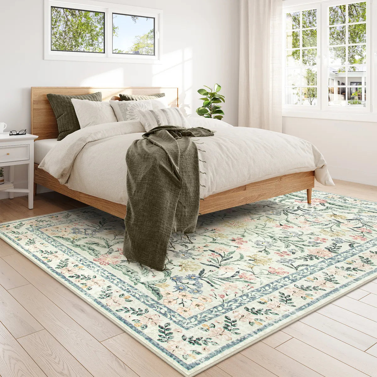 Sylvie Washable Boho Modern Parisian Garden Floral Beige Rug Area Rugs Lahome