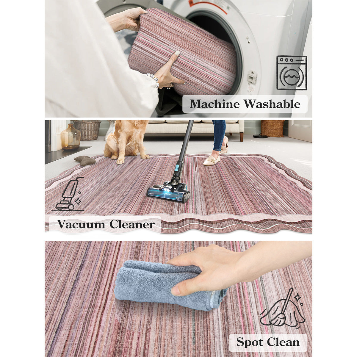 Estelle Washable Modern Abstract Bordered Scalloped Pink Rug Irregular Rugs Lahome
