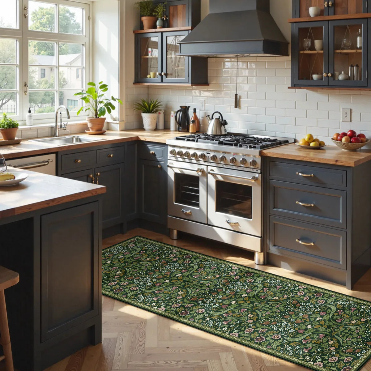 Lahome Washable Maximalism Vibrant Blossom Floral Dark Green Runner Rug for Kitchen Decor.