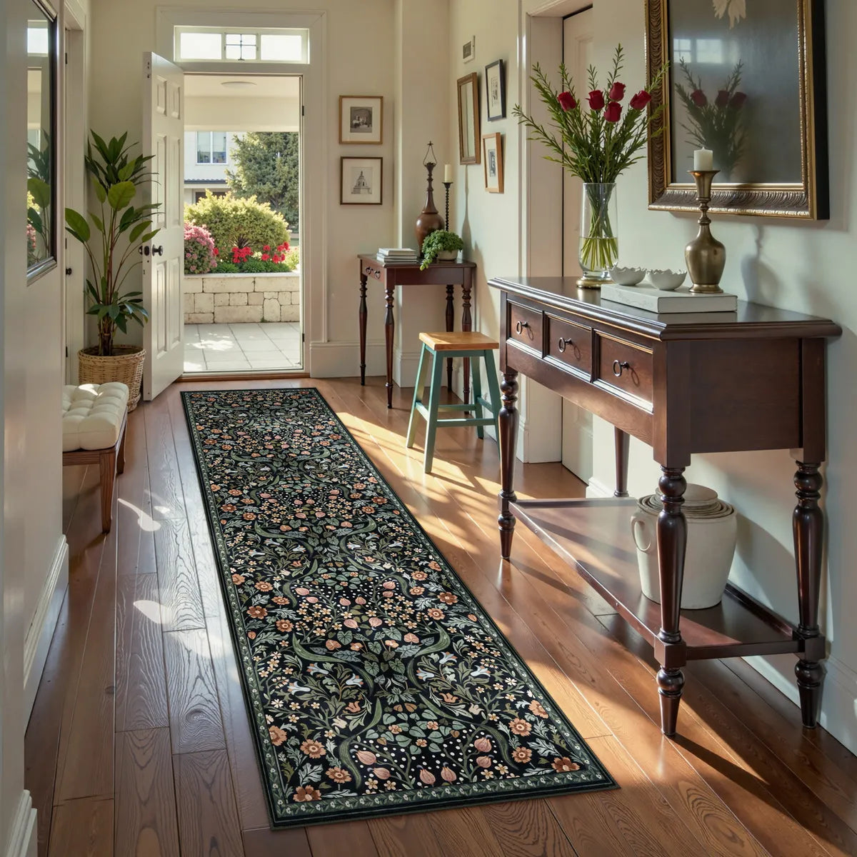 Claude Washable Maximalism Vibrant Blossom Floral Black Rug Area Rugs Lahome