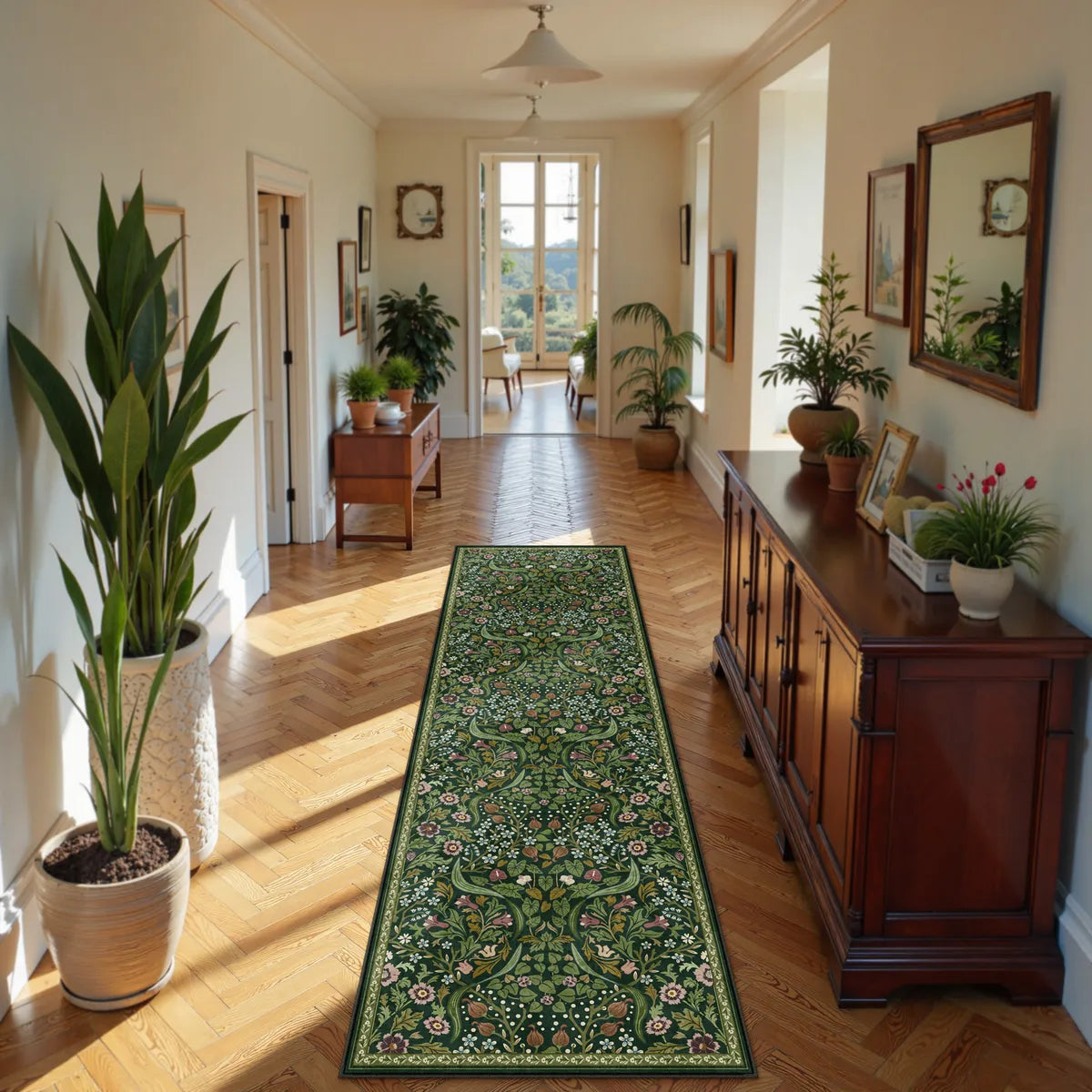 Lahome Washable Maximalism Vibrant Blossom Floral Dark Green Runner Rug for Hallway Decor.