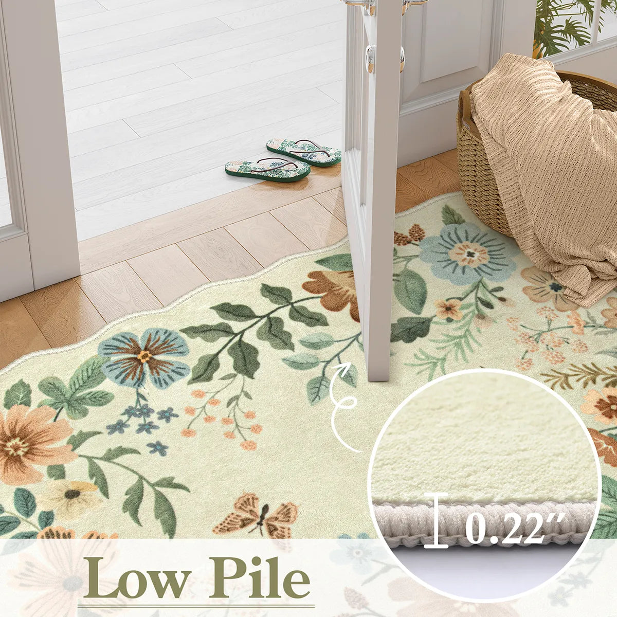 Flore Washable Boho Modern Parisian Floral Scalloped Beige Rug Area Rugs Lahome