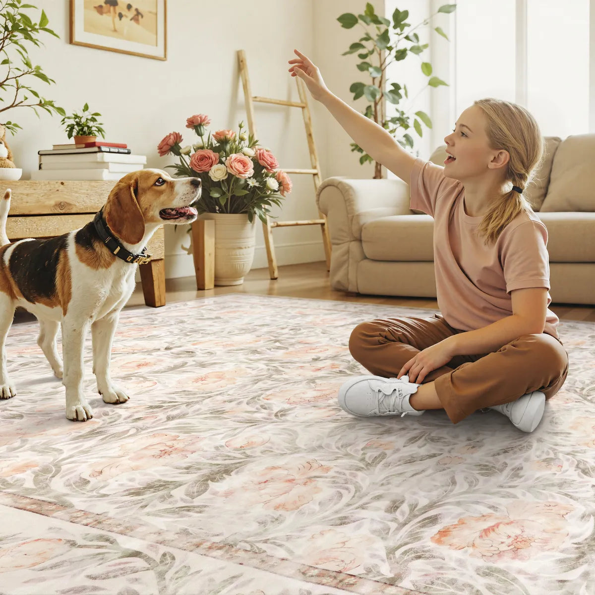 Liliane Washable Vintage Floral Pink Rug Rugs Lahome