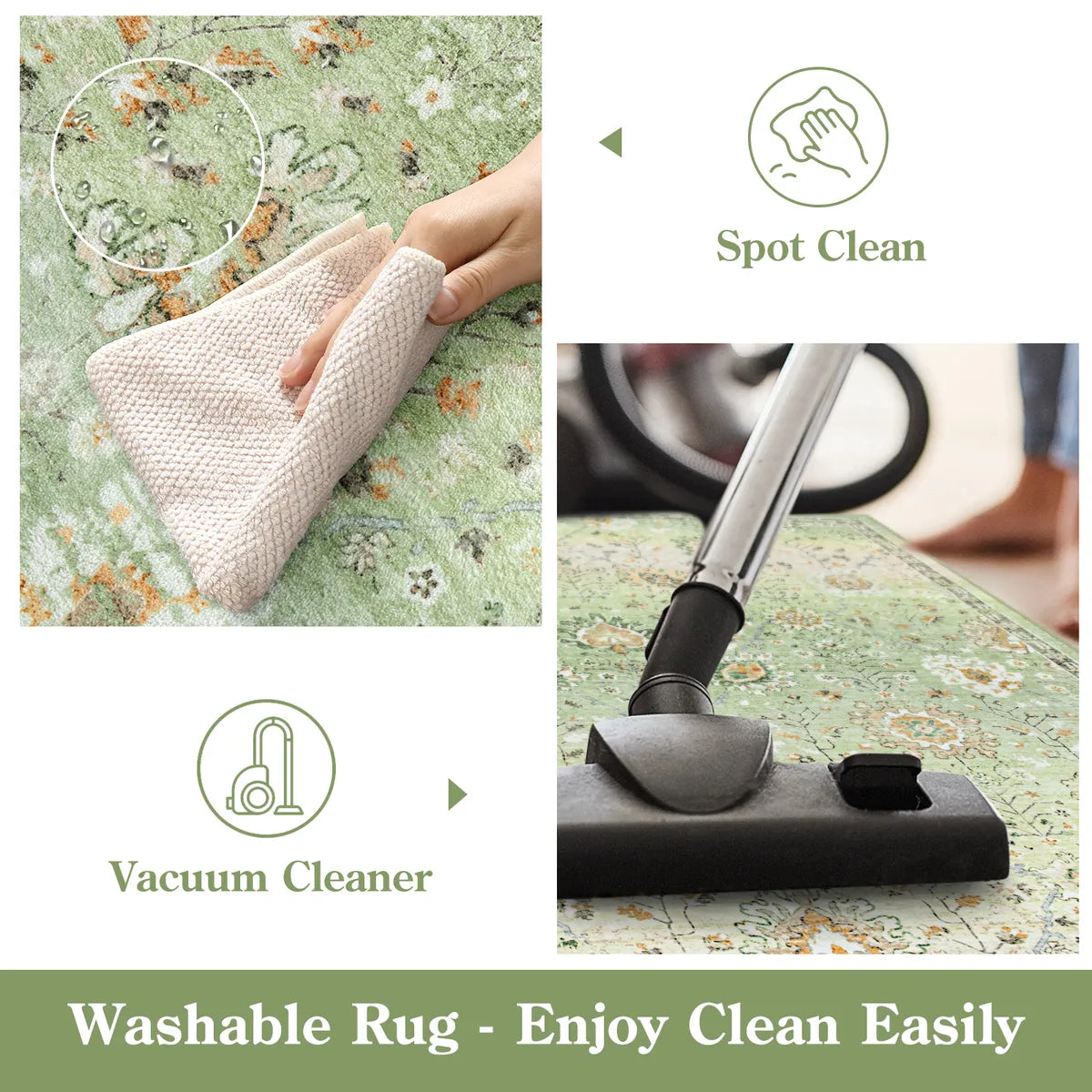 Flavie Washable Boho Modern Parisian Floral Aesthetic Green Rug Area Rugs Lahome