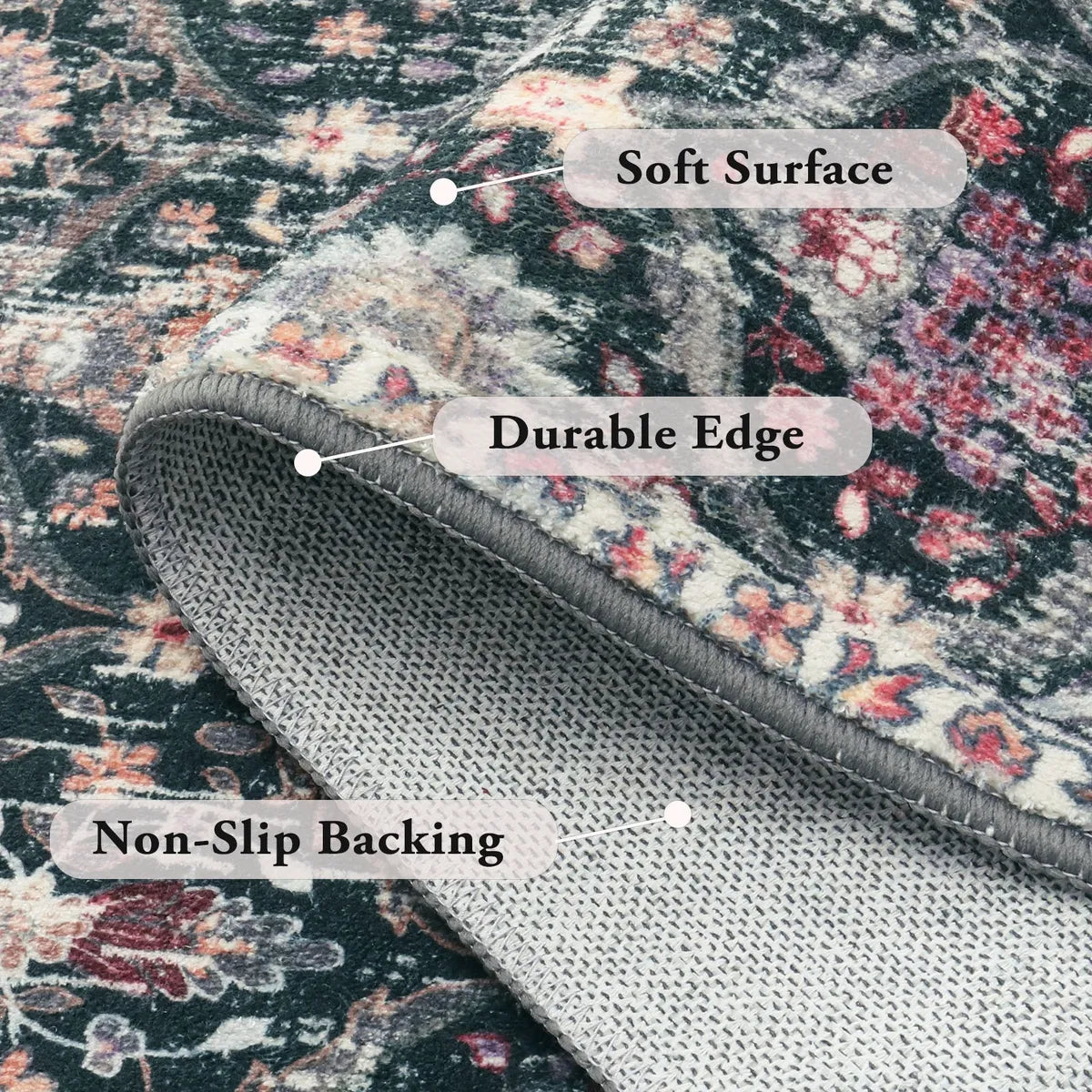 Elise Washable Ultra-thin Transitional Vintage Floral Moroccan Trellis Black Rug Area Rugs Lahome