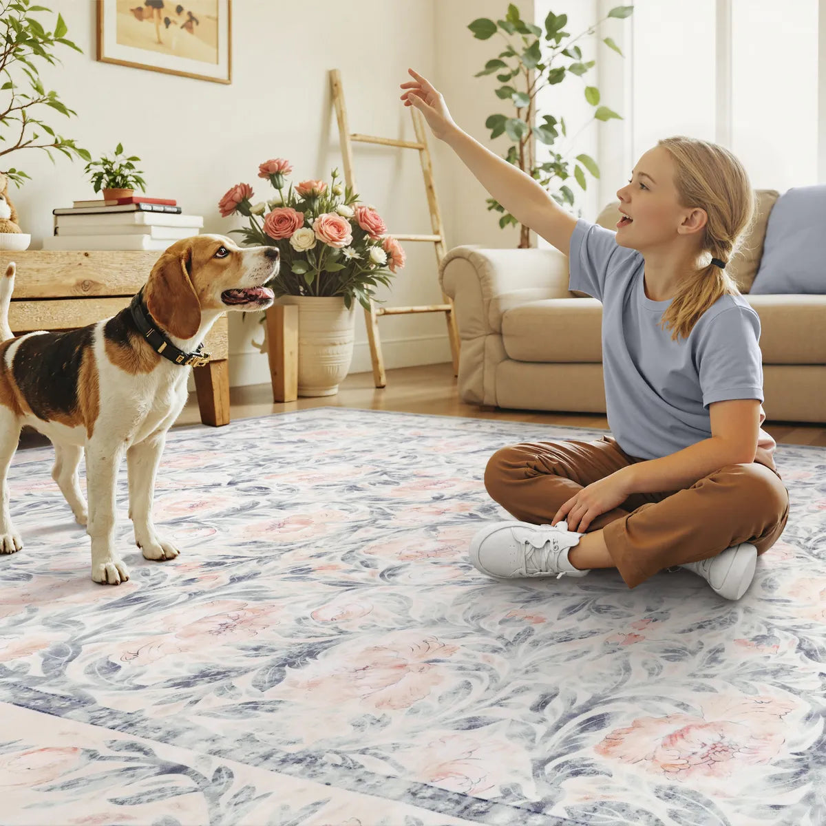 Liliane Washable Vintage Floral Grey Purple Rug Rugs Lahome