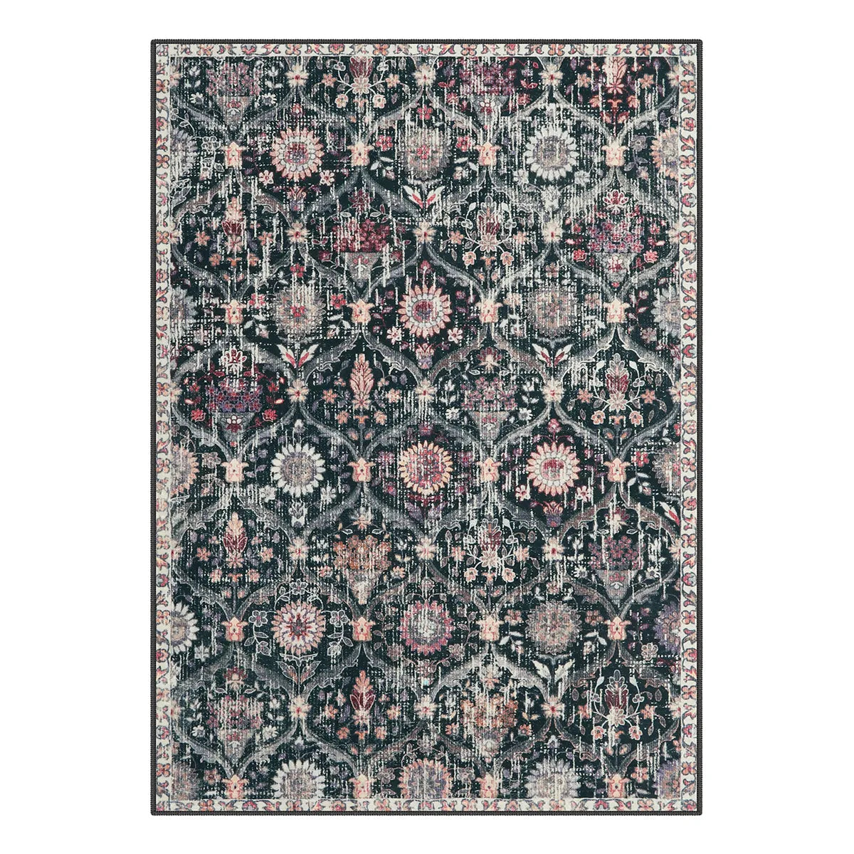 Elise Washable Ultra-thin Vintage Floral Moroccan Trellis Black Rug Area Rugs Lahome