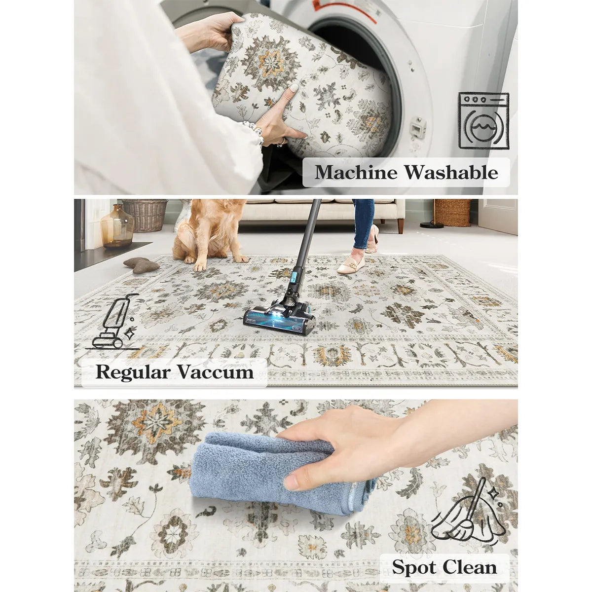Baye Washable Distressed Vintage Boho Chic Beige Rug Area Rugs Lahome