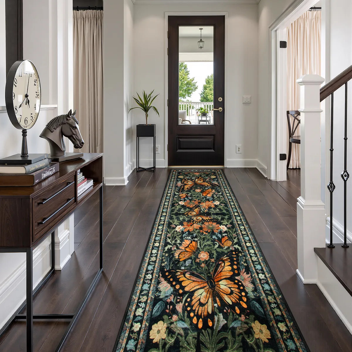 Leonie Washable Butterfly Floral Blossom Black Rug Area Rugs Lahome