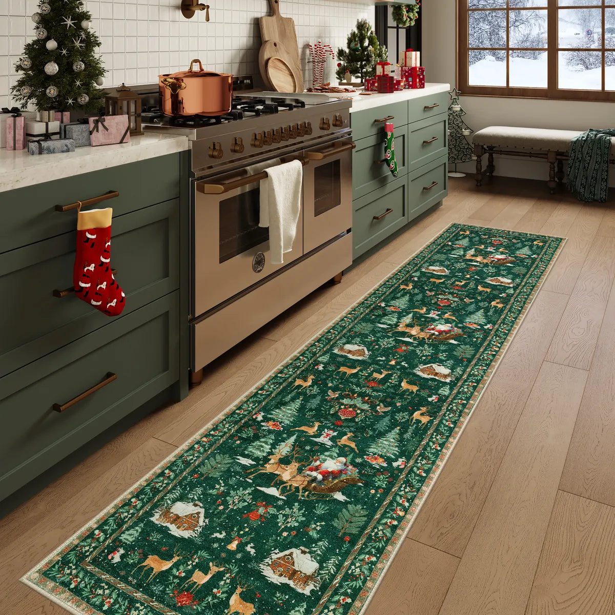 Olivier Christmas Washable Tree and Santa Green Rug Area Rugs Lahome 2' x 10'