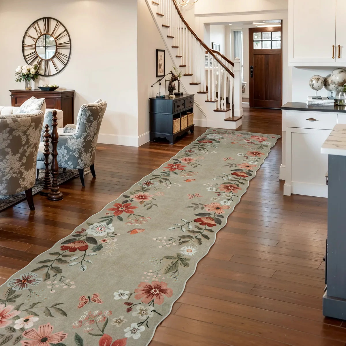 Flore Washable Boho Modern Parisian Floral Scalloped Brown Rug Area Rugs Lahome